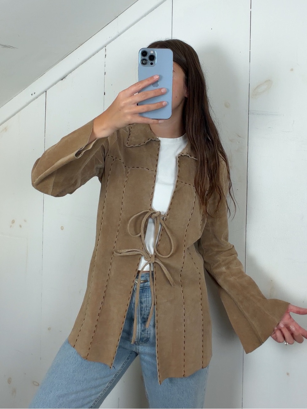 Vintage Tan Suede Leather Tie Front Jacket Women’s Medium Bell Sleeve Boho Y2K